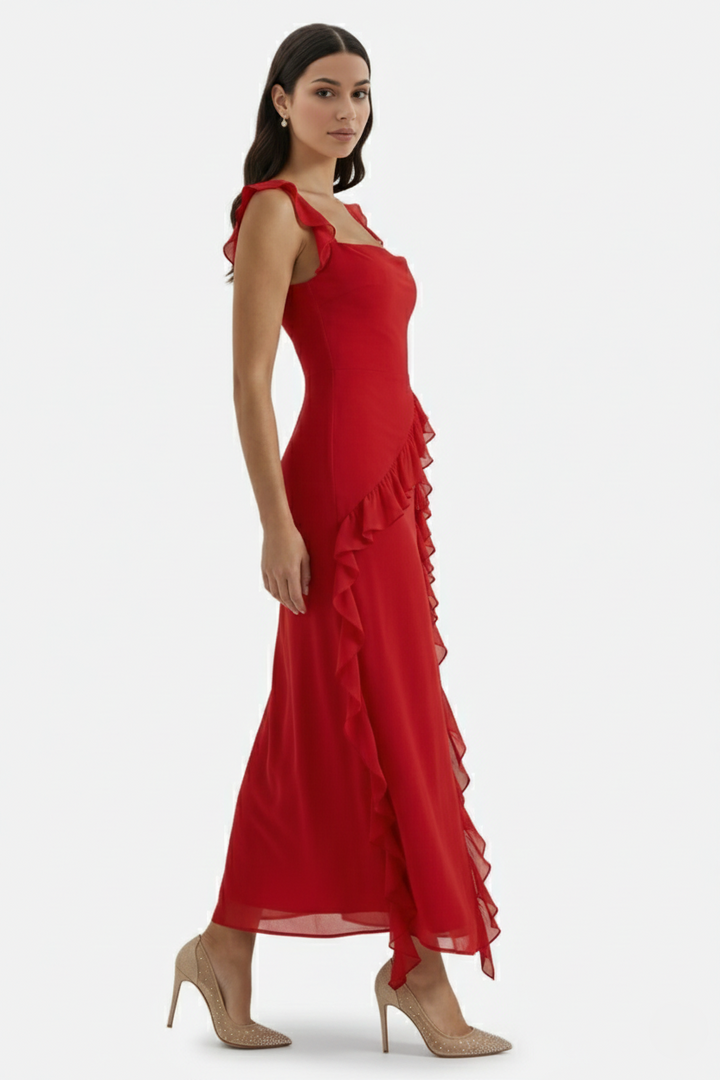 Sleeveless Ruffle Trim Maxi Dress with Front Slit