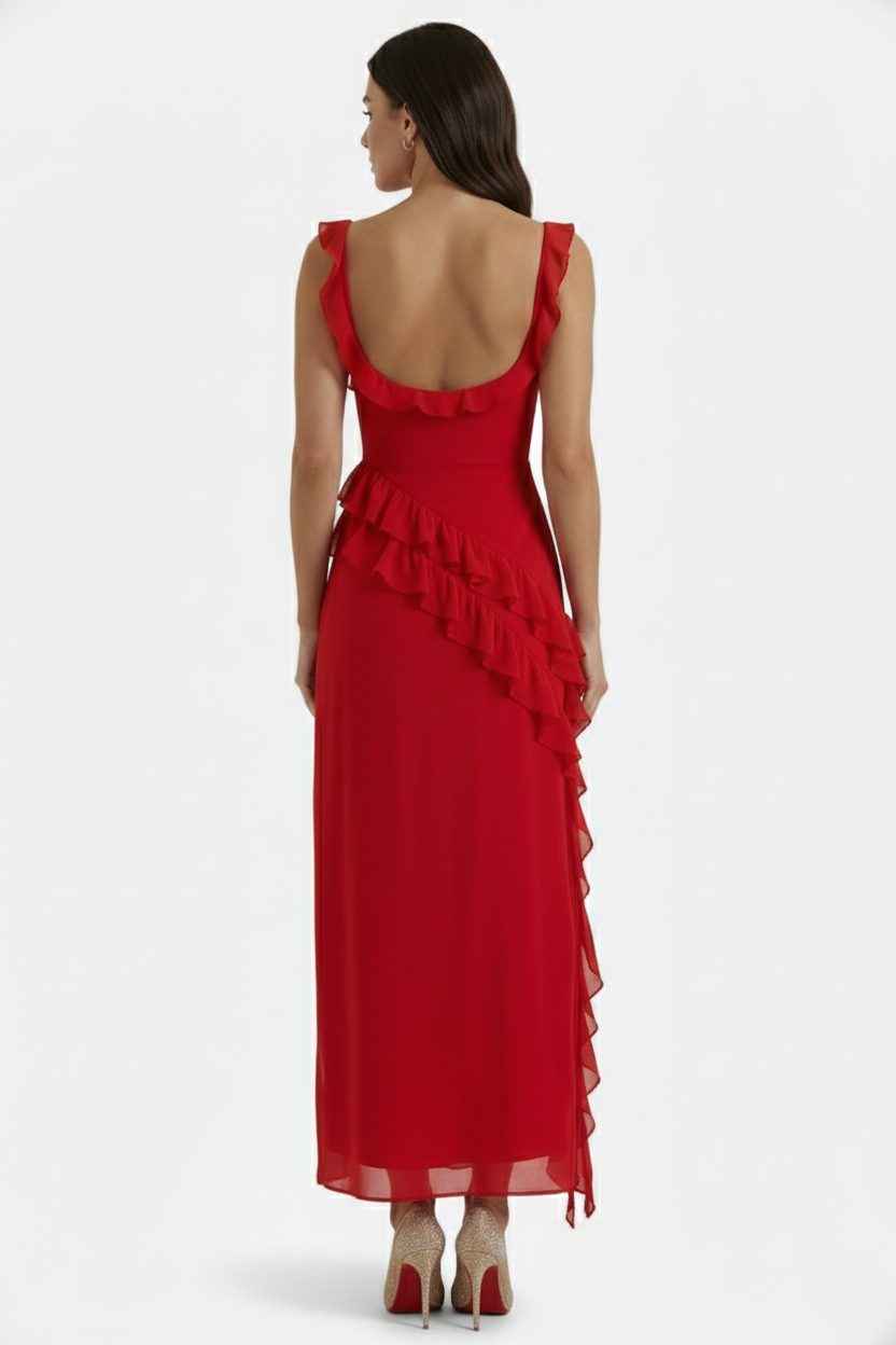 Sleeveless Ruffle Trim Maxi Dress with Front Slit