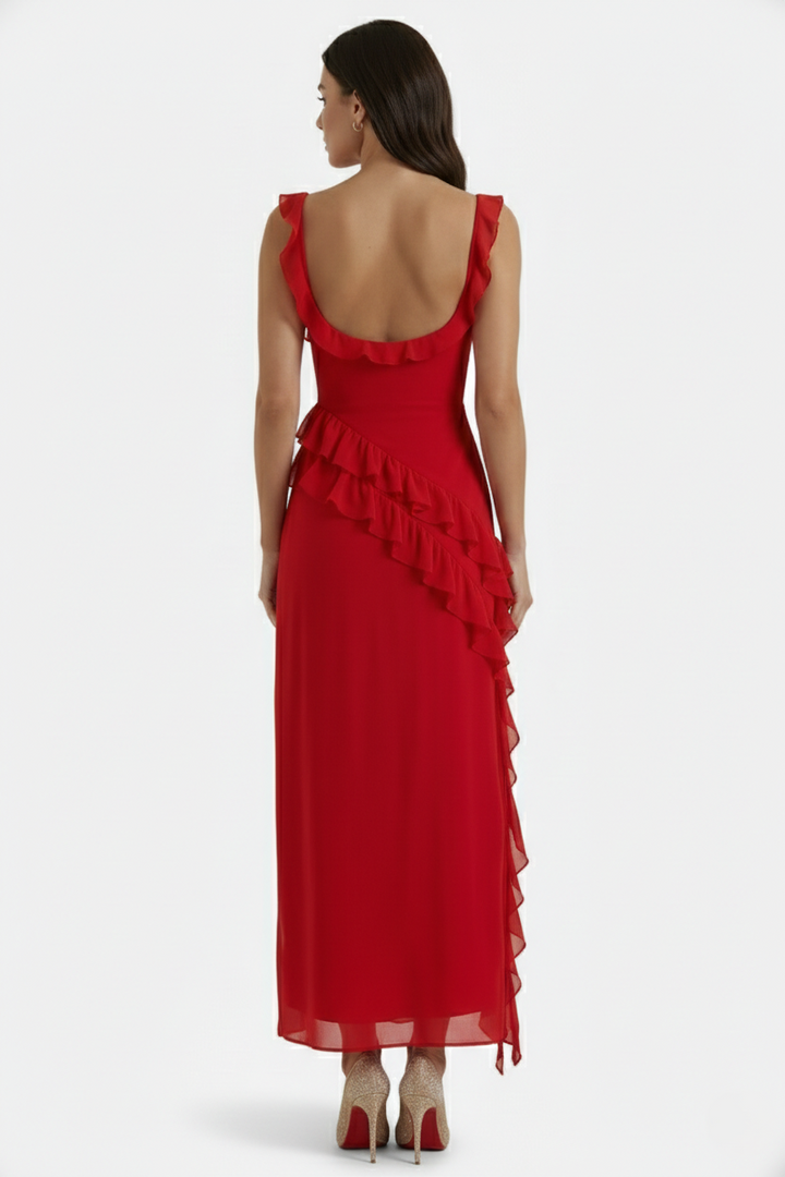 Sleeveless Ruffle Trim Maxi Dress with Front Slit