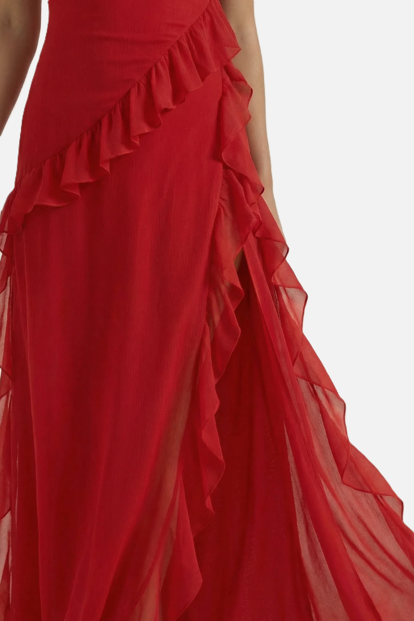 Sleeveless Ruffle Trim Maxi Dress with Front Slit