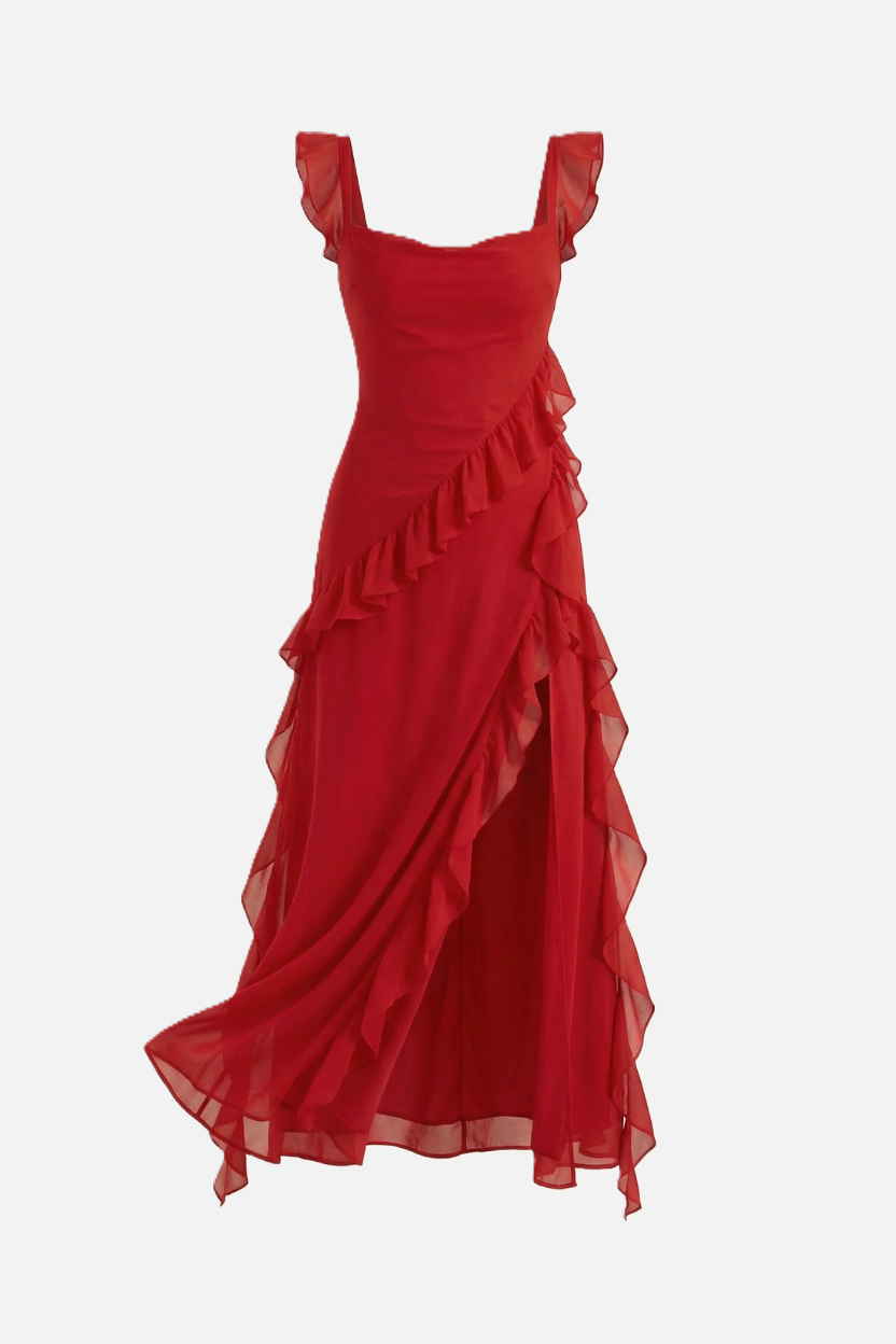 Sleeveless Ruffle Trim Maxi Dress with Front Slit