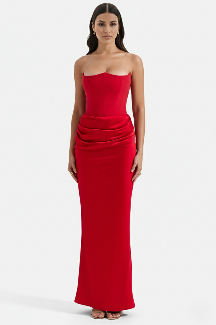 Strapless Corset Maxi Dress Structured Bodice Draped Detail