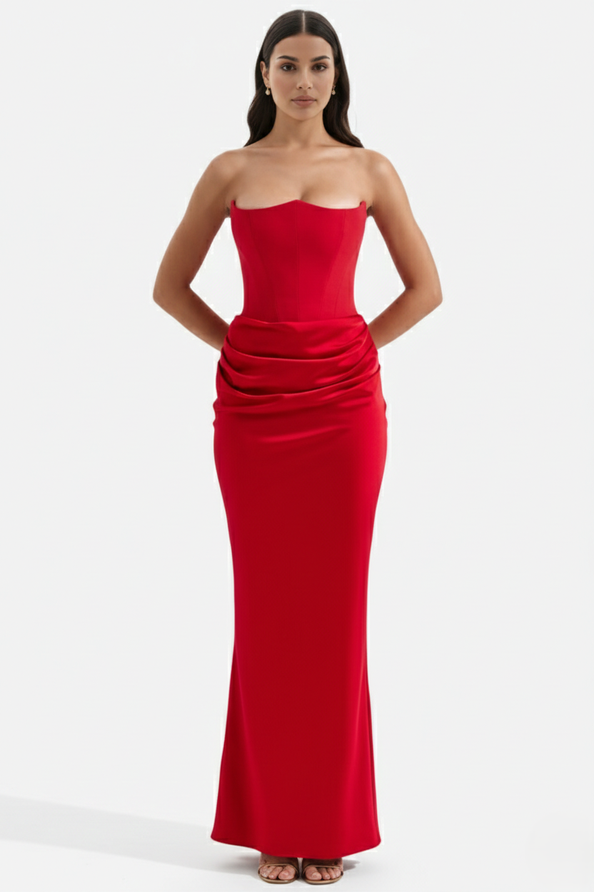 Strapless Corset Maxi Dress Structured Bodice Draped Detail
