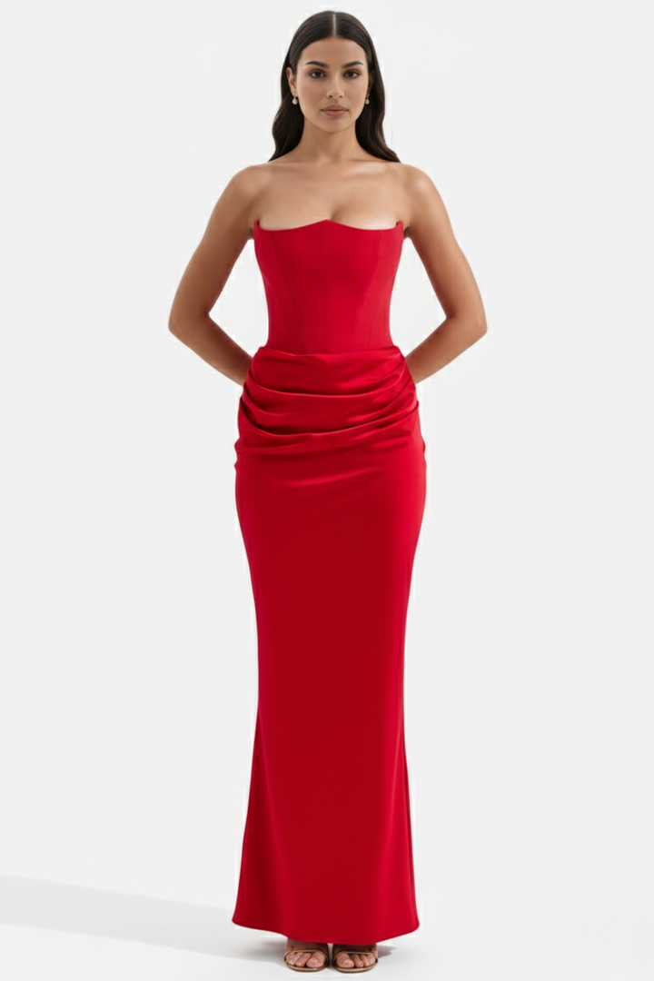 Strapless Corset Maxi Dress Structured Bodice Draped Detail