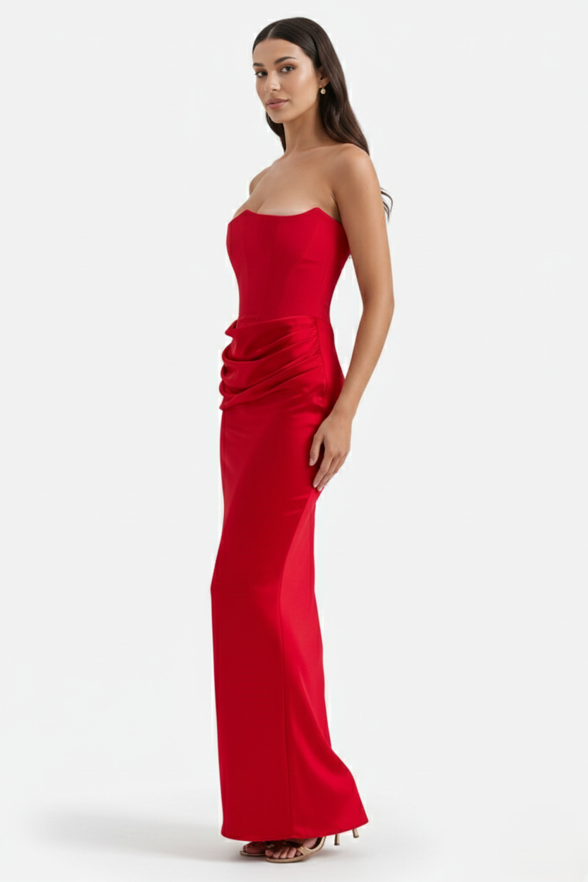 Strapless Corset Maxi Dress Structured Bodice Draped Detail