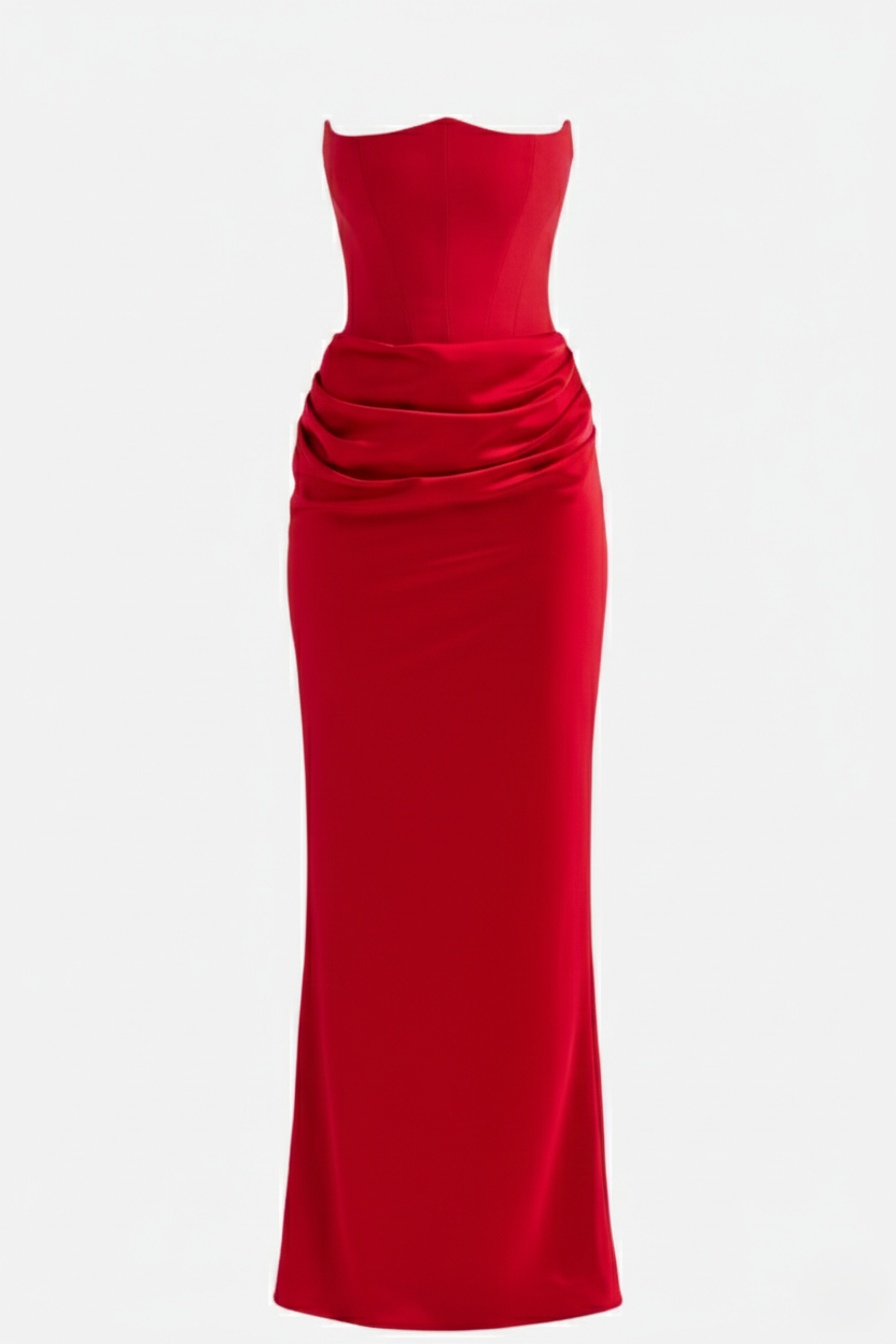 Strapless Corset Maxi Dress Structured Bodice Draped Detail