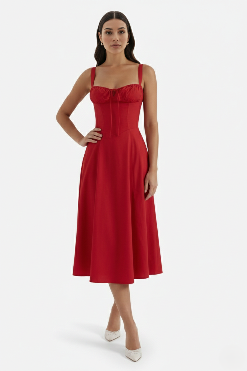 Summer Midi Dress Ruched Bust Tie Lace Up Back