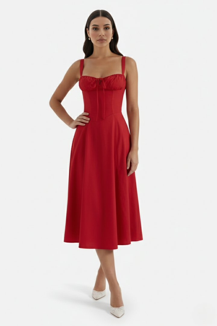 Summer Midi Dress Ruched Bust Tie Lace Up Back
