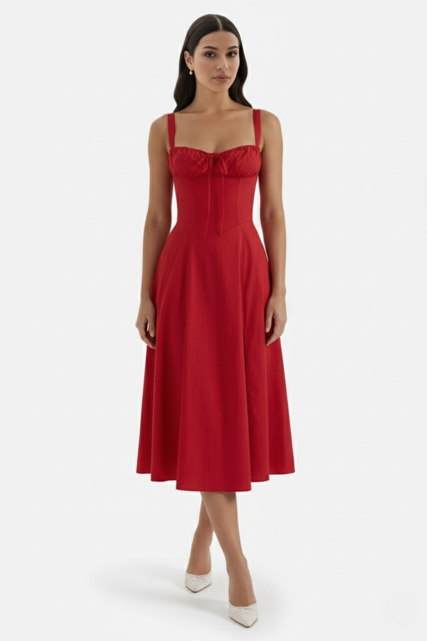 Summer Midi Dress Ruched Bust Tie Lace Up Back