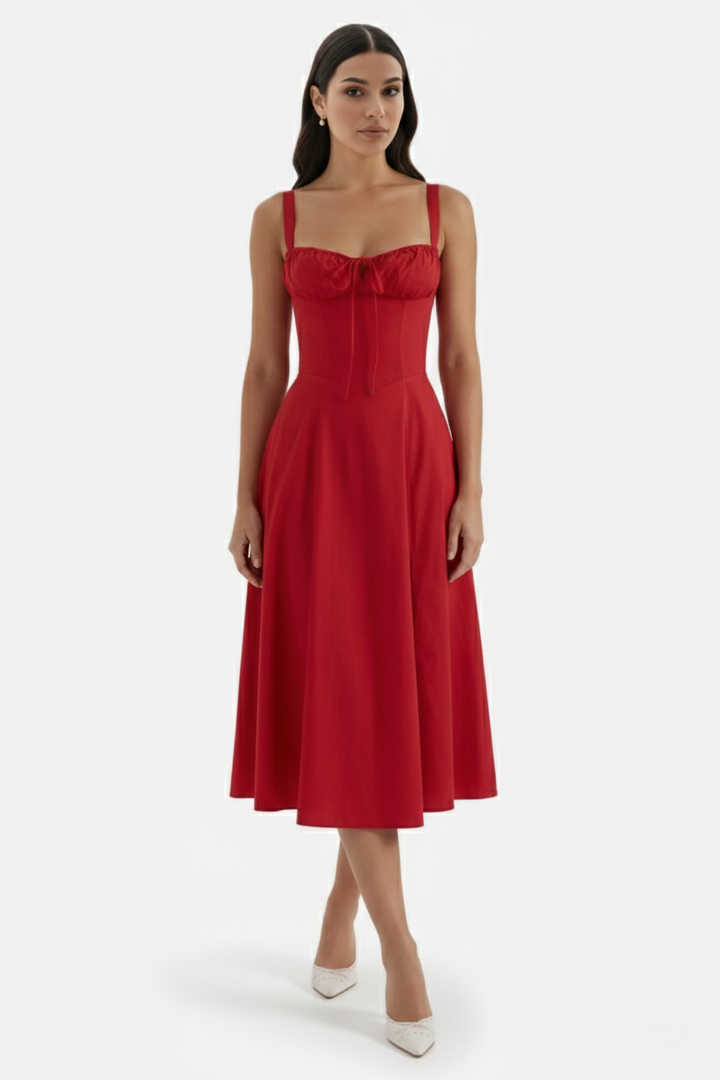 Summer Midi Dress Ruched Bust Tie Lace Up Back