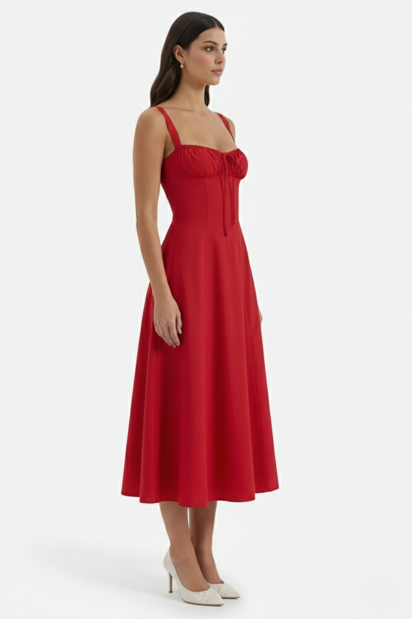 Summer Midi Dress Ruched Bust Tie Lace Up Back