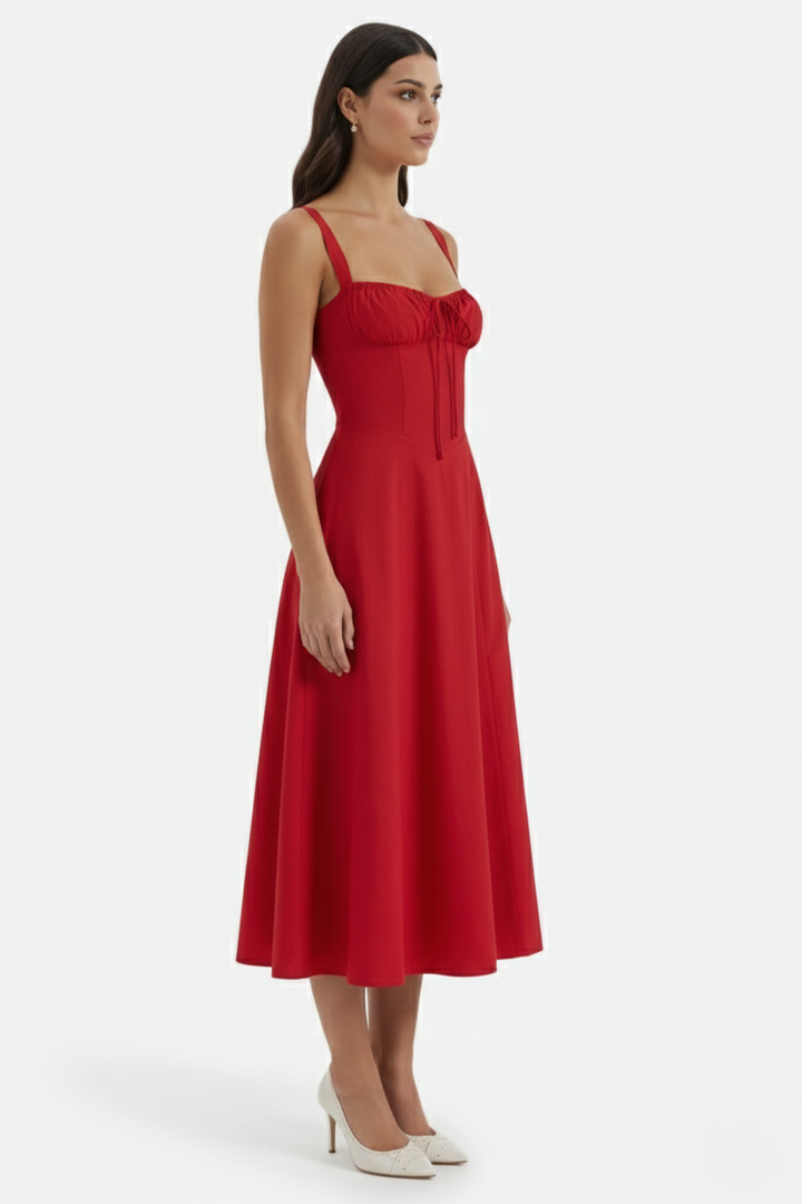Summer Midi Dress Ruched Bust Tie Lace Up Back