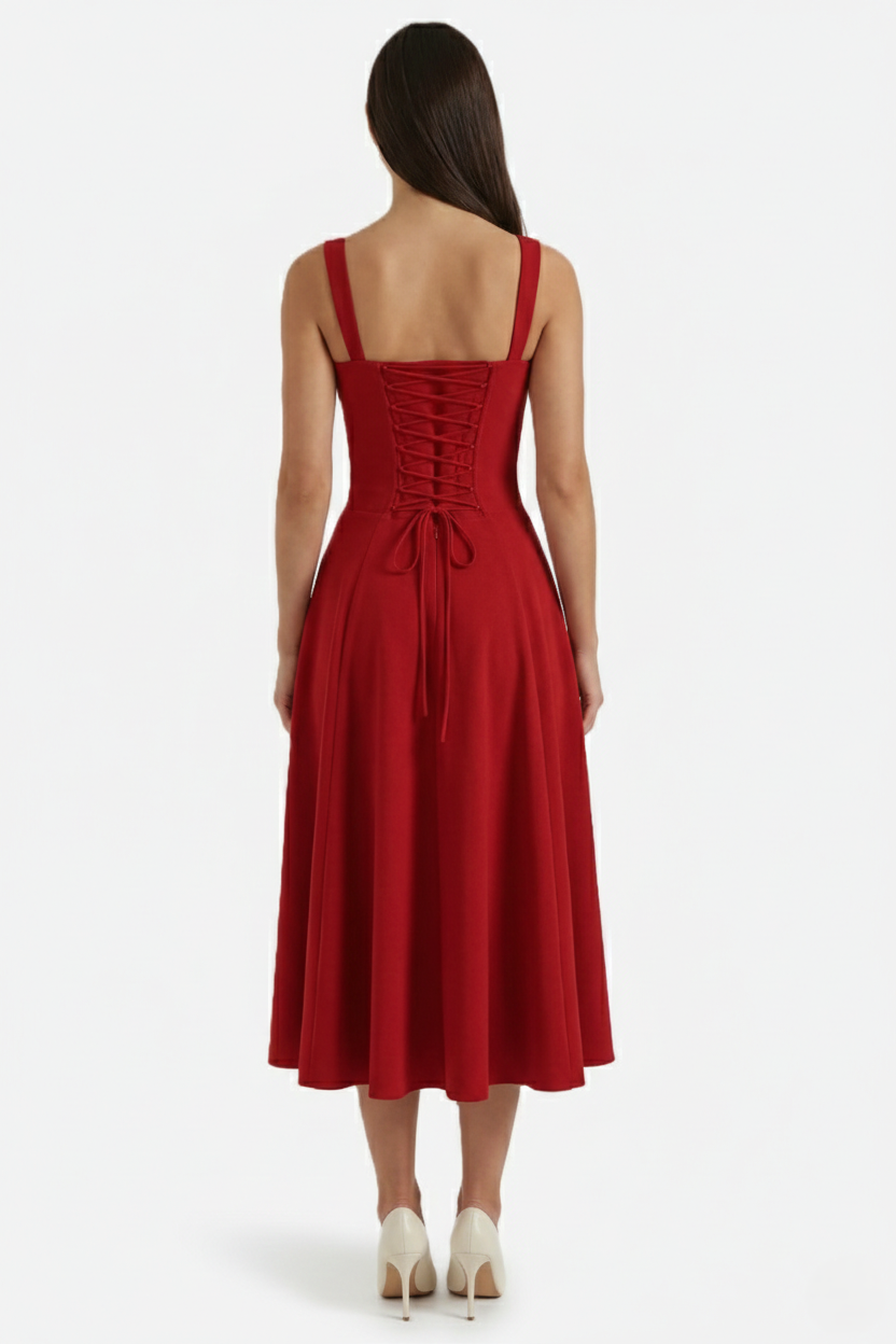 Summer Midi Dress Ruched Bust Tie Lace Up Back