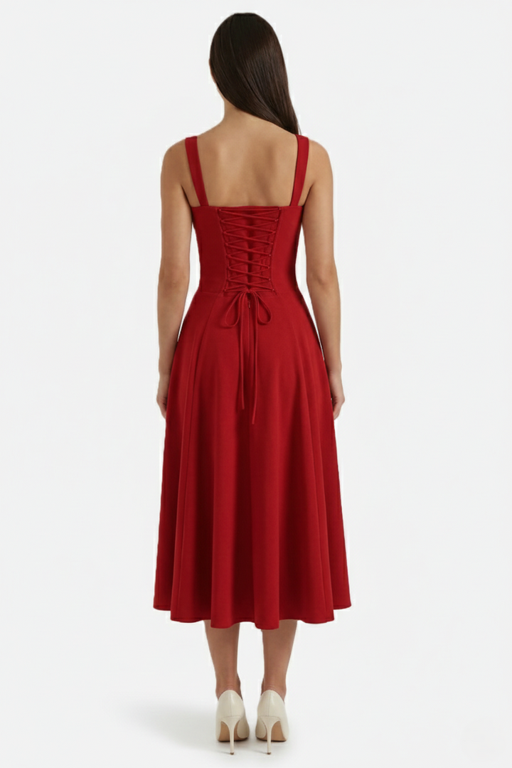 Summer Midi Dress Ruched Bust Tie Lace Up Back