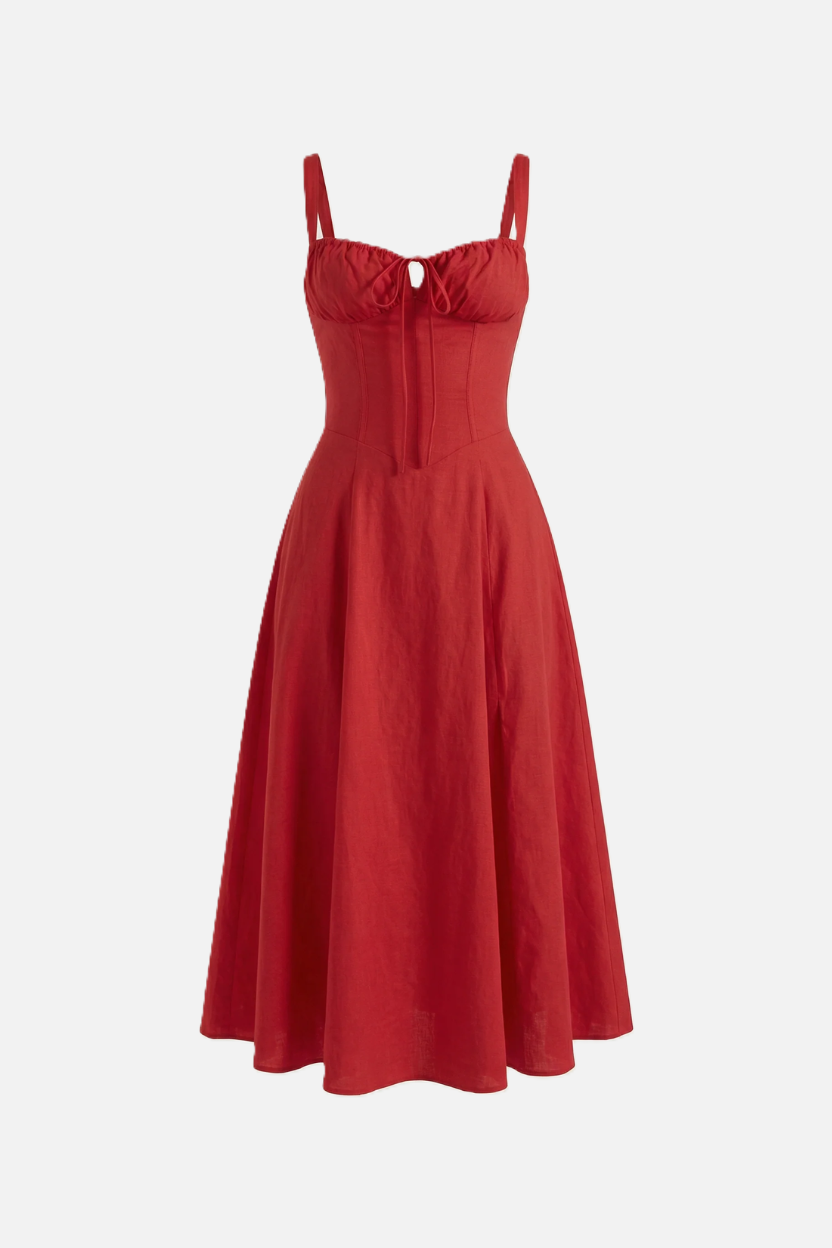 Summer Midi Dress Ruched Bust Tie Lace Up Back