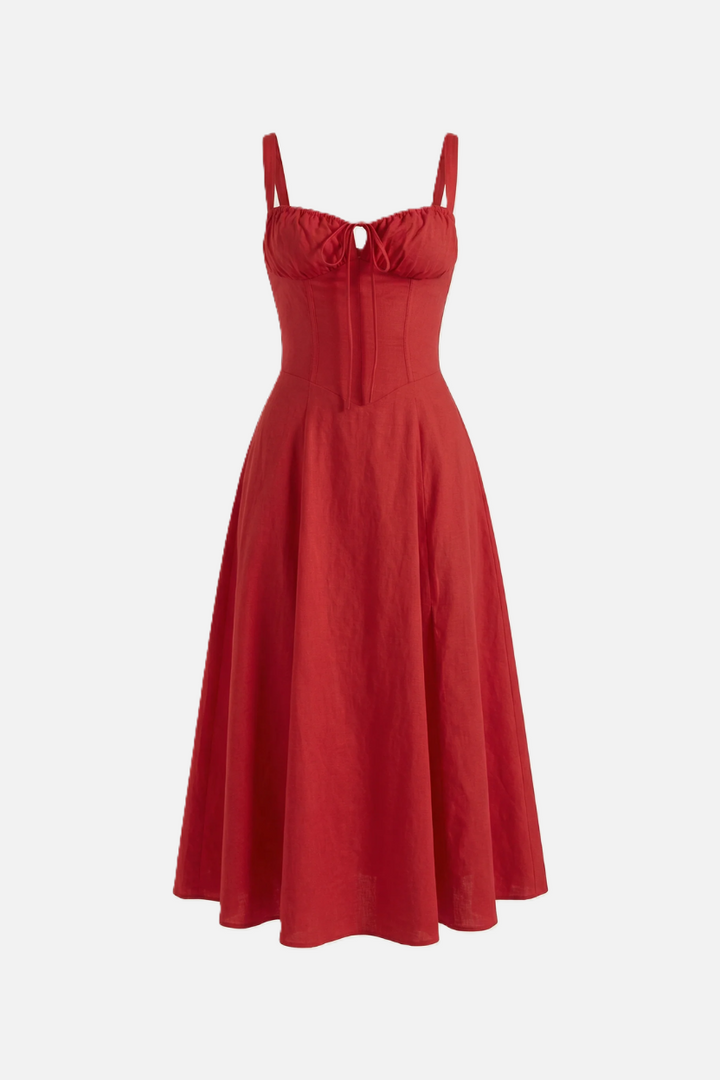 Summer Midi Dress Ruched Bust Tie Lace Up Back