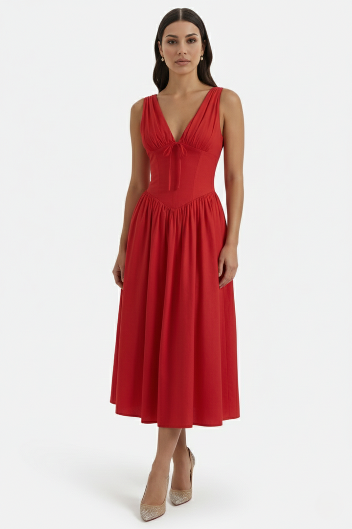 Summer Dress V Neck Fit and Flare Corset Waist