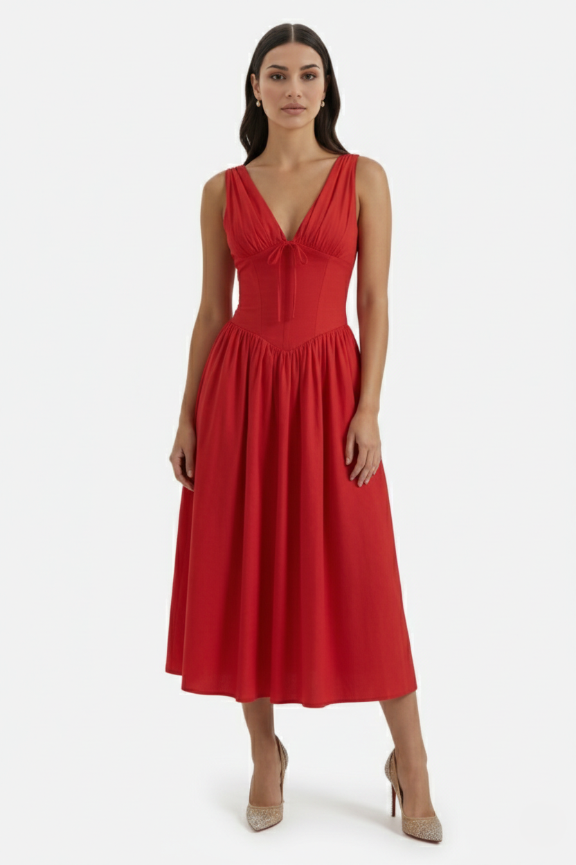 Summer Dress V Neck Fit and Flare Corset Waist