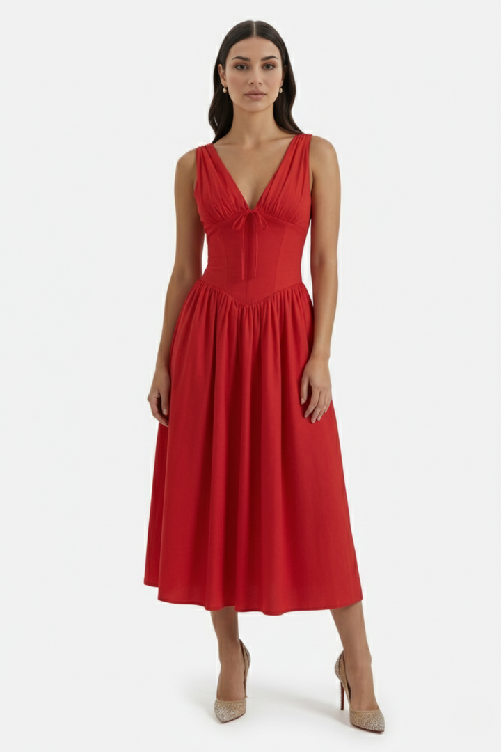 Summer Dress V Neck Fit and Flare Corset Waist