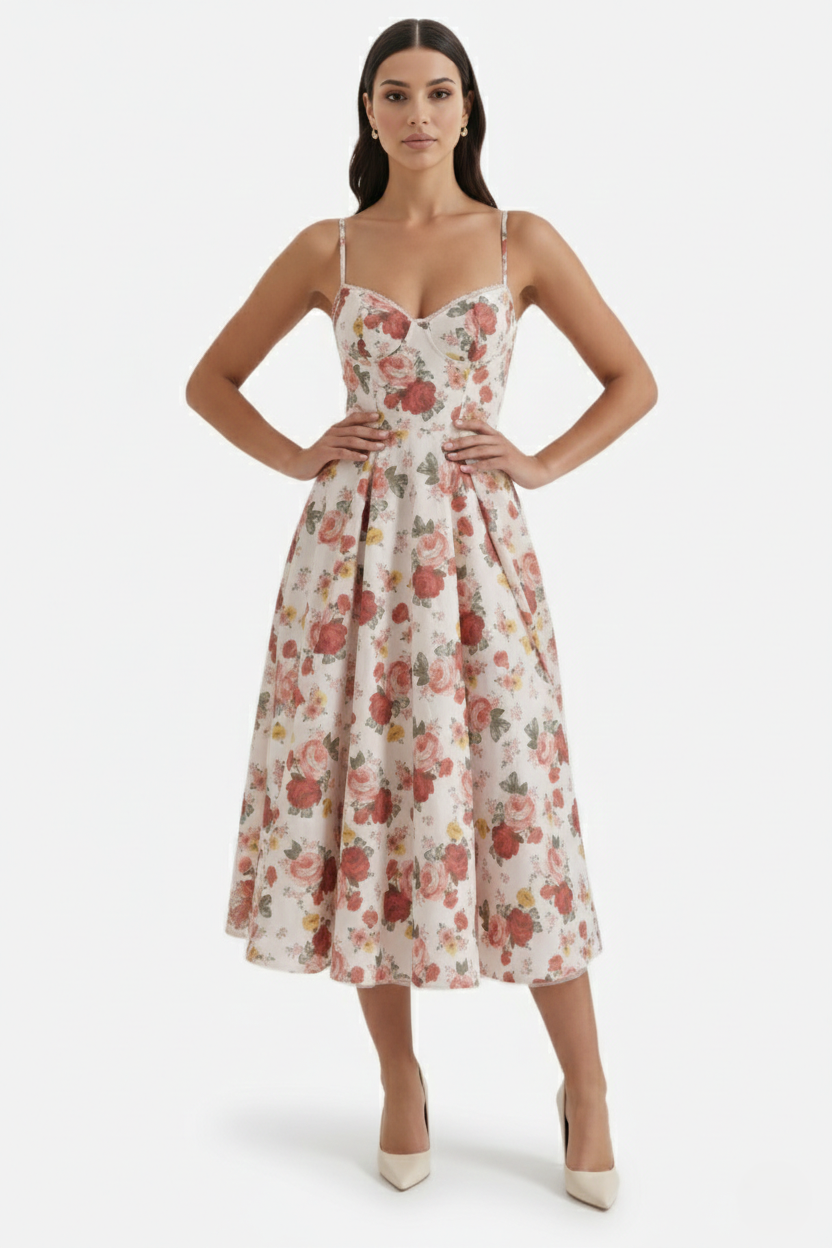 Sweetheart Bustier Midi Dress with Full Circle Skirt and Tulle Hem