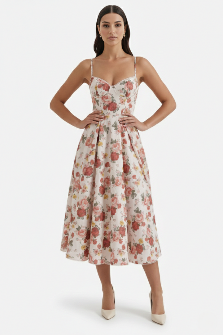 Sweetheart Bustier Midi Dress with Full Circle Skirt and Tulle Hem