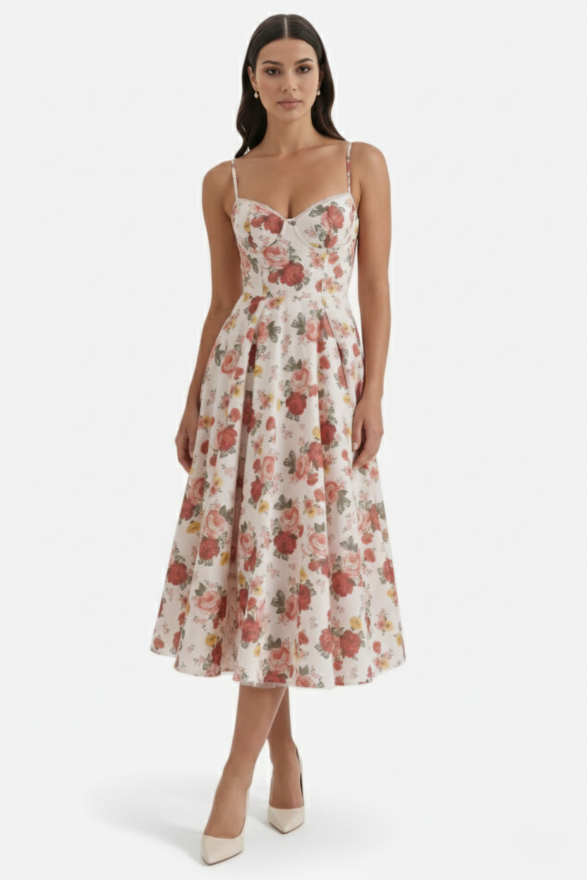 Sweetheart Bustier Midi Dress with Full Circle Skirt and Tulle Hem