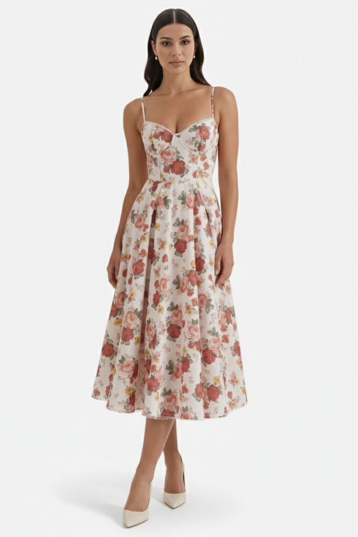 Sweetheart Bustier Midi Dress with Full Circle Skirt and Tulle Hem