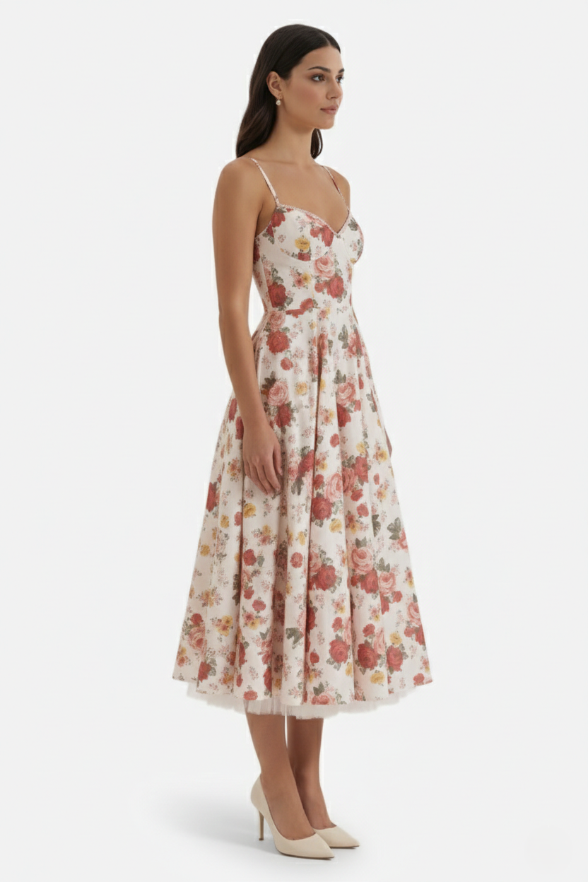 Sweetheart Bustier Midi Dress with Full Circle Skirt and Tulle Hem