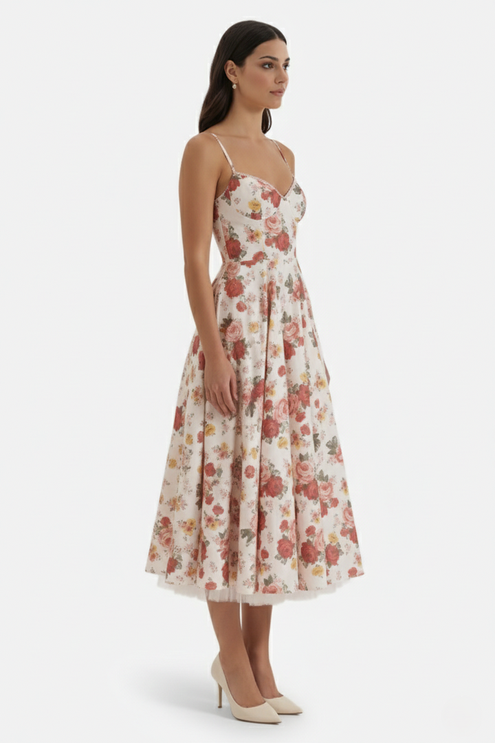 Sweetheart Bustier Midi Dress with Full Circle Skirt and Tulle Hem