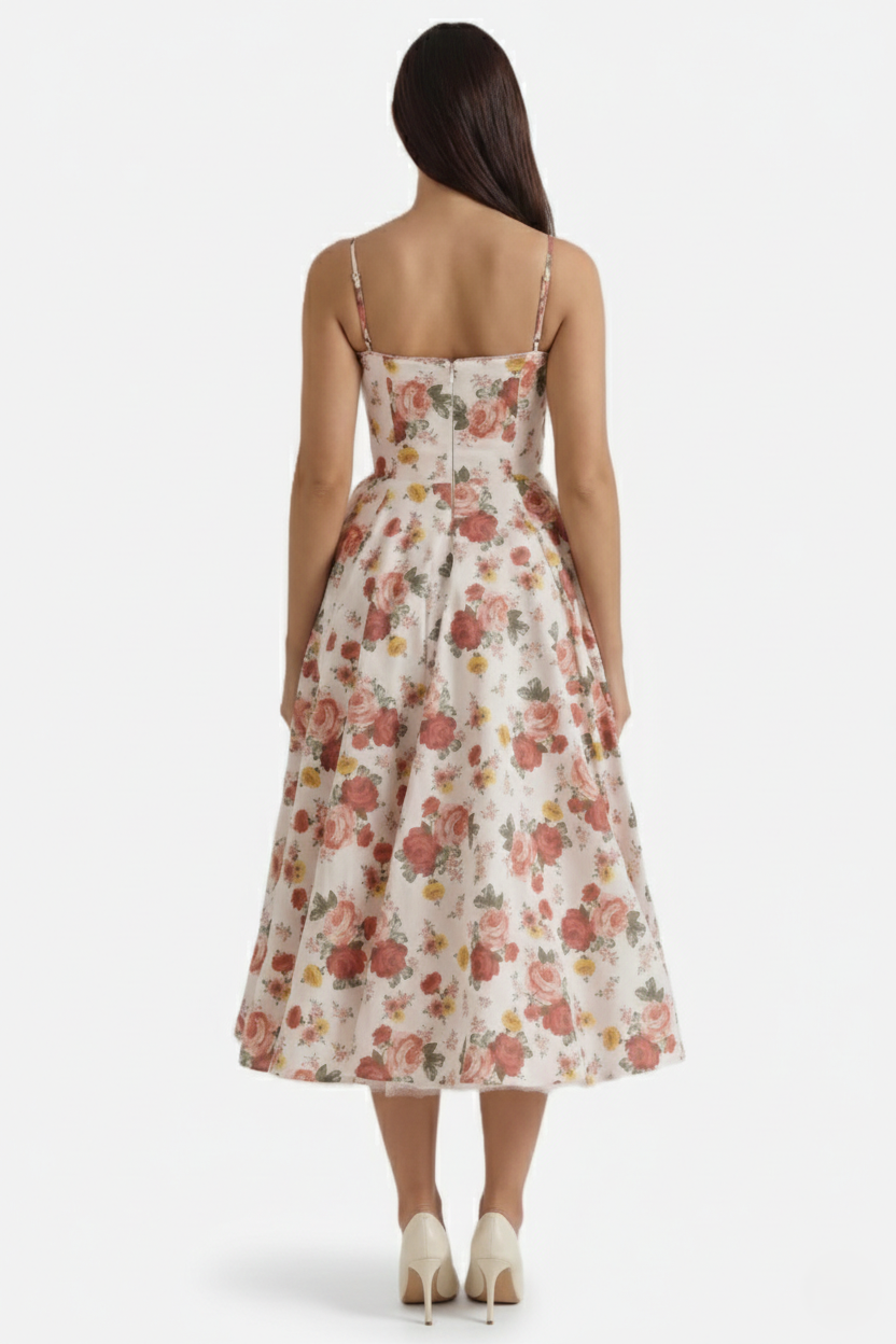 Sweetheart Bustier Midi Dress with Full Circle Skirt and Tulle Hem