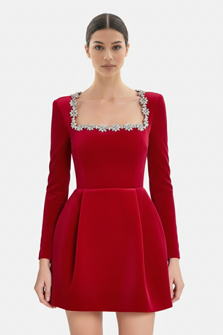 Cocktail Dress Velvet Floral Crystal Embellished Trim Long Sleeve