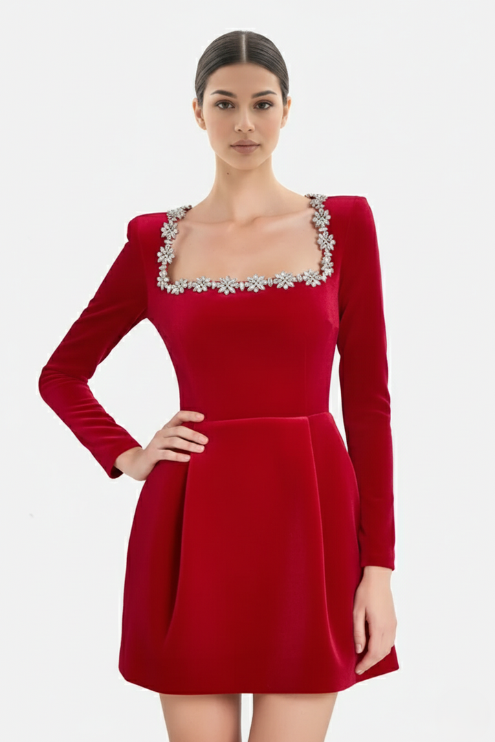 Cocktail Dress Velvet Floral Crystal Embellished Trim Long Sleeve