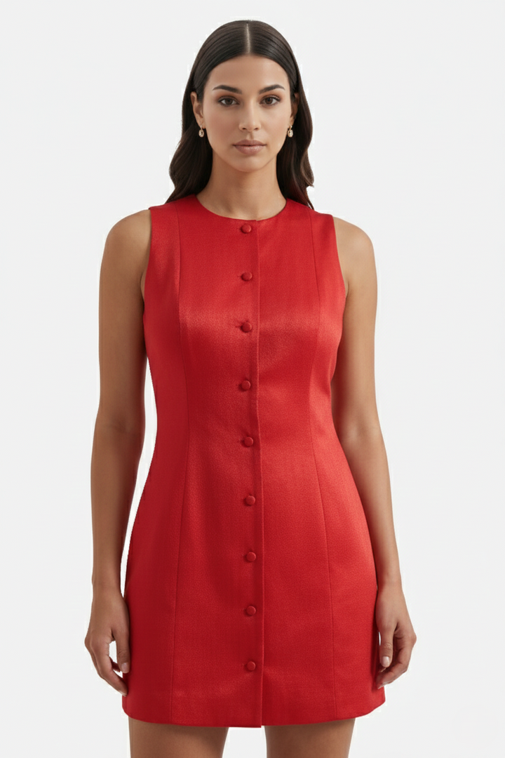 Sleeveless Button-Front Mini Sheath Dress Round Neck