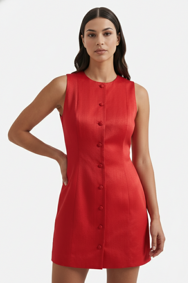 Sleeveless Button-Front Mini Sheath Dress Round Neck