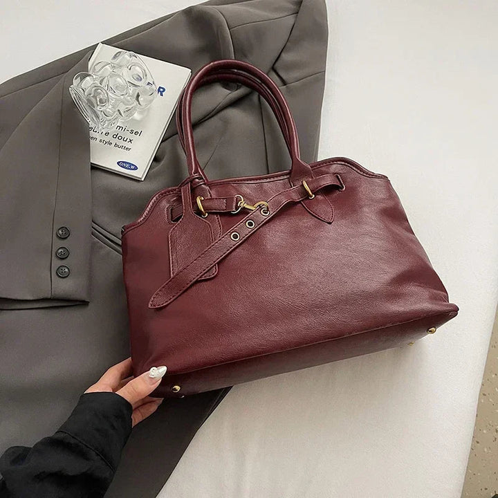 Retro PU Leather Tote Bag for Women with Shoulder Strap and Zipper Closure