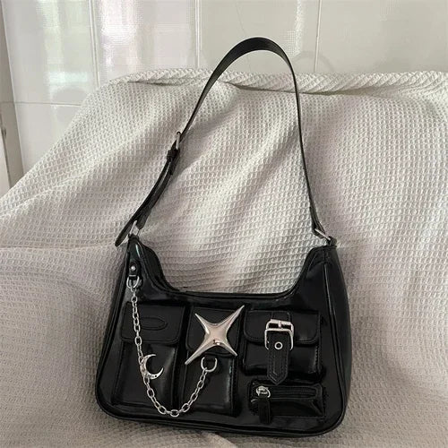 Mila Midnight Gothic Crossbody Bag with Asymmetrical Pockets & Celestial Charms