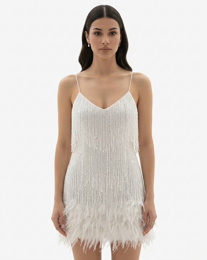 Sequin Fringe Mini Dress Feather Hem Spaghetti Strap