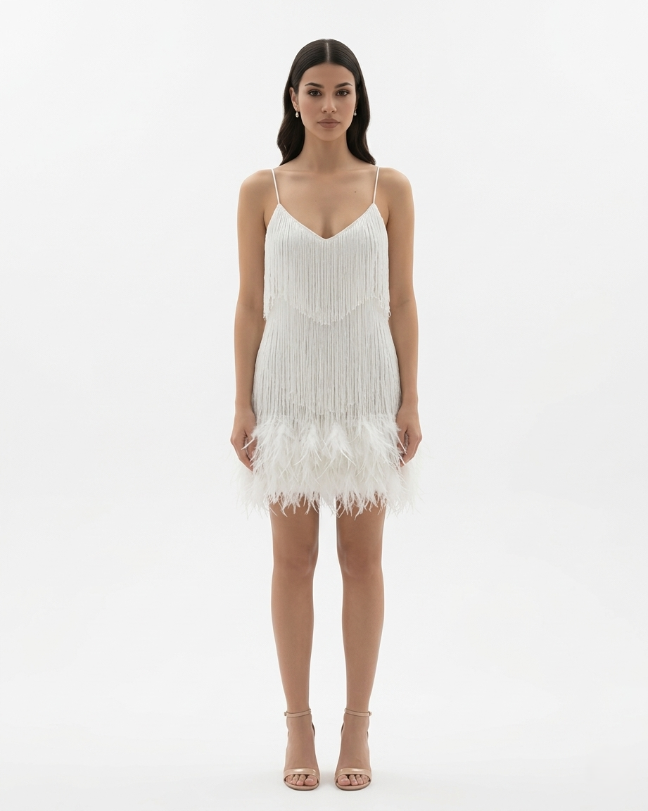Sequin Fringe Mini Dress Feather Hem Spaghetti Strap