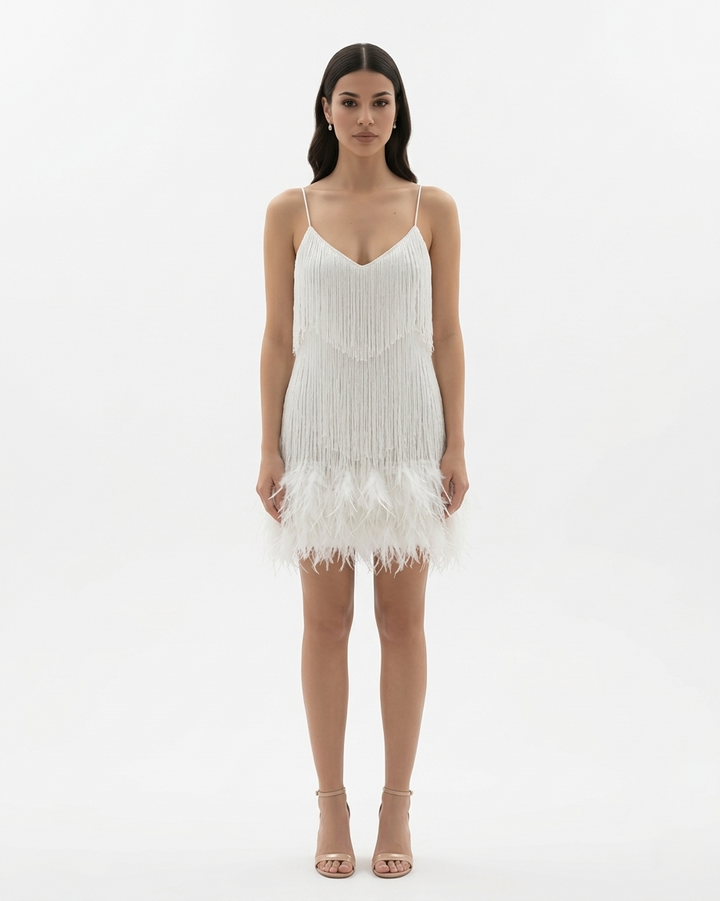 Sequin Fringe Mini Dress Feather Hem Spaghetti Strap