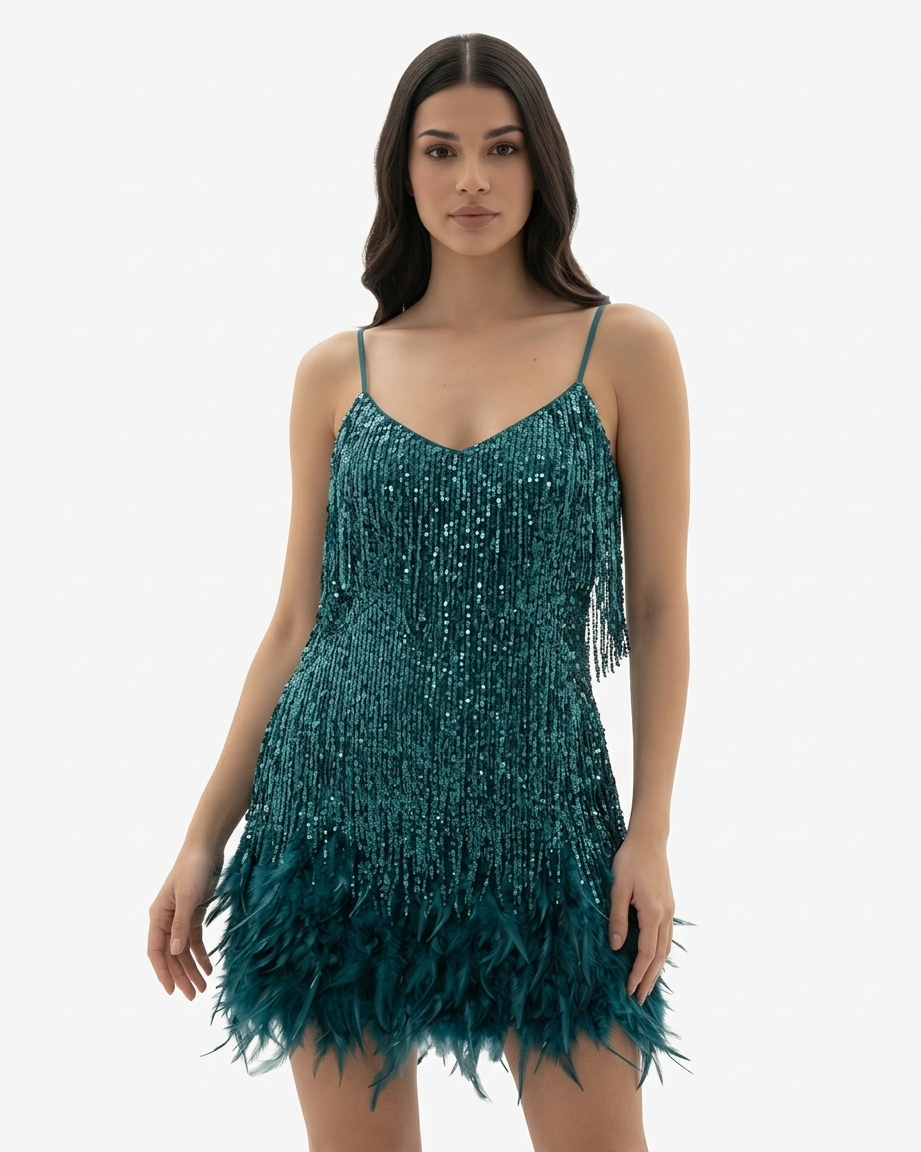 Sequin Fringe Mini Dress Feather Hem Spaghetti Strap
