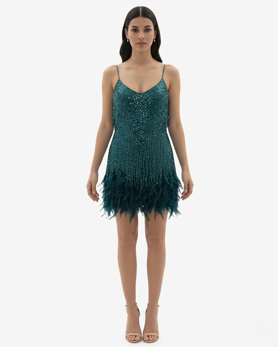Sequin Fringe Mini Dress Feather Hem Spaghetti Strap