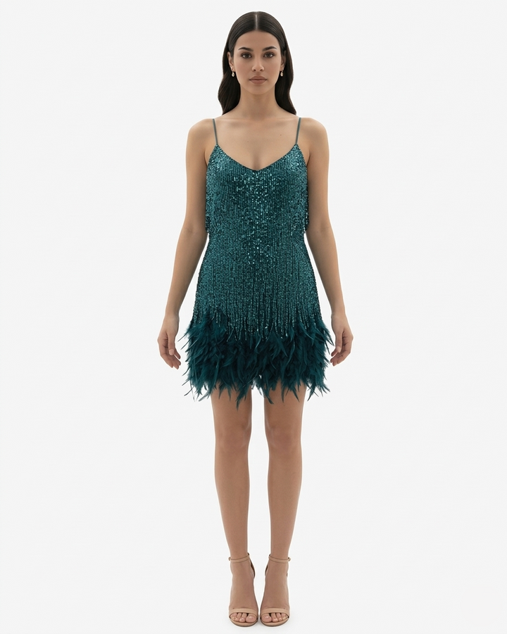 Sequin Fringe Mini Dress Feather Hem Spaghetti Strap
