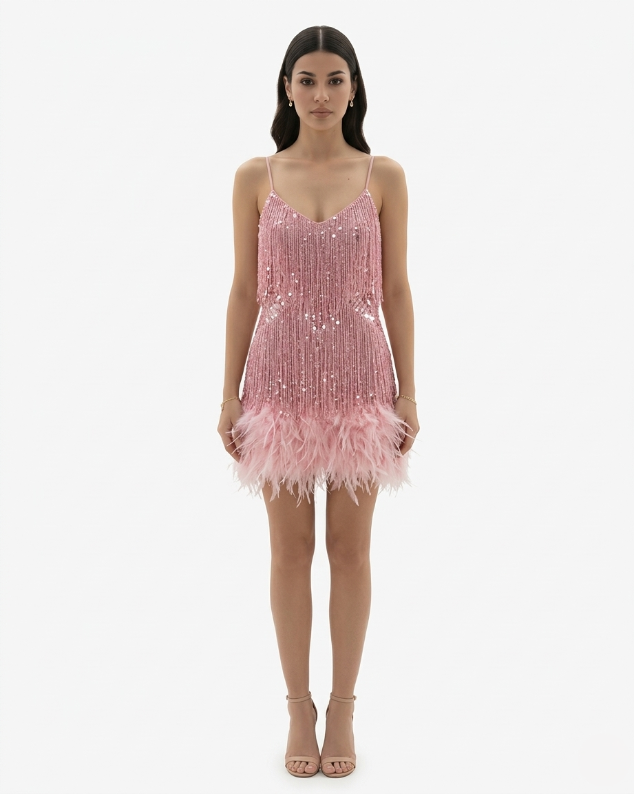 Sequin Fringe Mini Dress Feather Hem Spaghetti Strap
