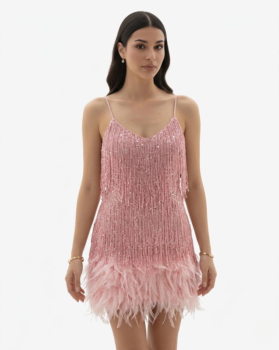 Sequin Fringe Mini Dress Feather Hem Spaghetti Strap