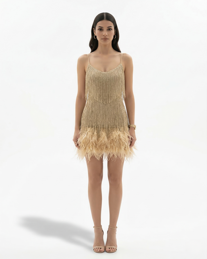 Sequin Fringe Mini Dress Feather Hem Spaghetti Strap