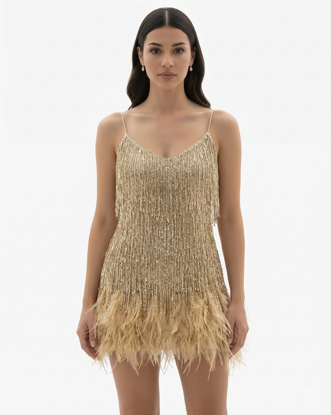 Sequin Fringe Mini Dress Feather Hem Spaghetti Strap