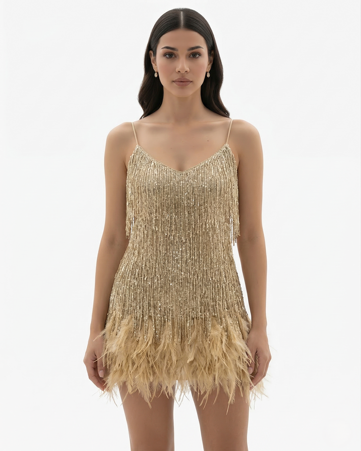 Sequin Fringe Mini Dress Feather Hem Spaghetti Strap