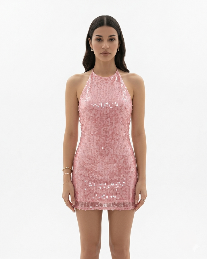 Sequin Mini Dress Halter Neck Backless Bodycon Fit