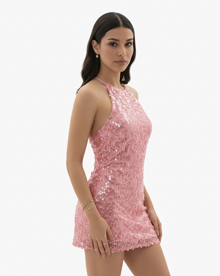 Sequin Mini Dress Halter Neck Backless Bodycon Fit