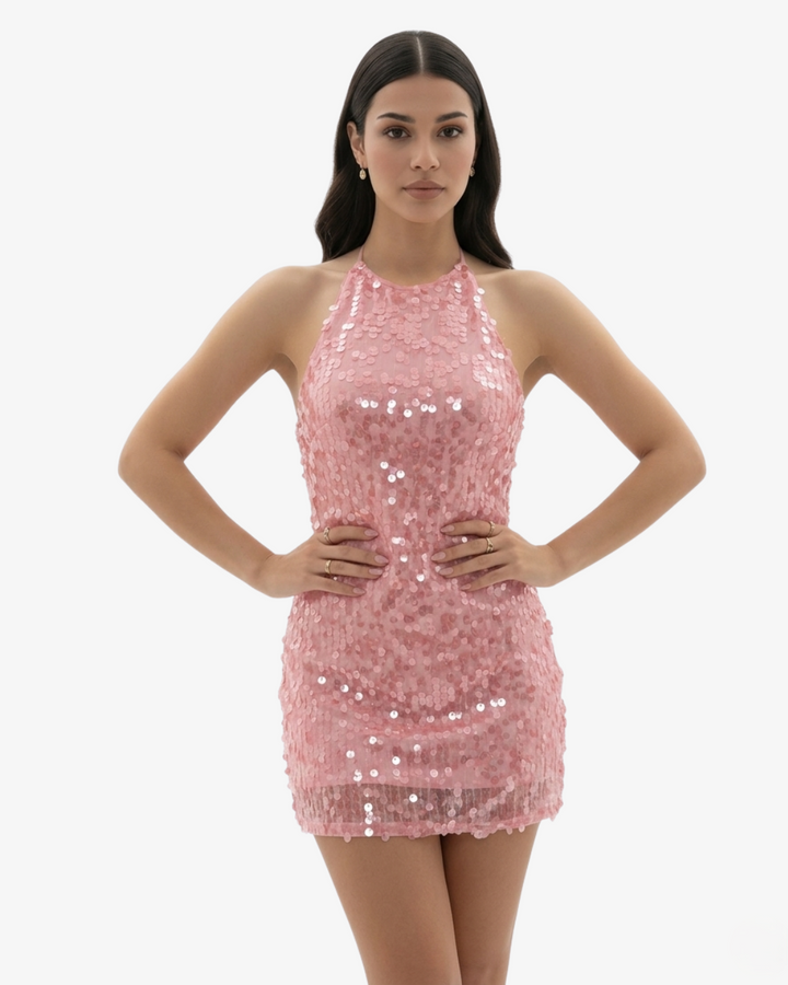 Sequin Mini Dress Halter Neck Backless Bodycon Fit
